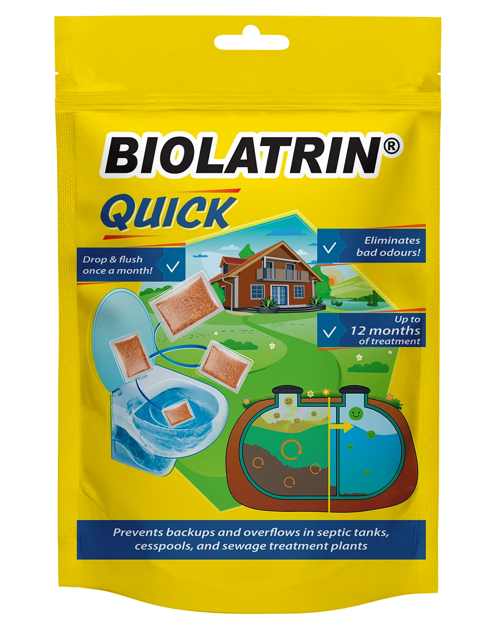 A doypack of Biolatrin Quick - Septic Tank Treatment that eliminates bad odours from septic tanks, cesspools, and sewage treatment plants.