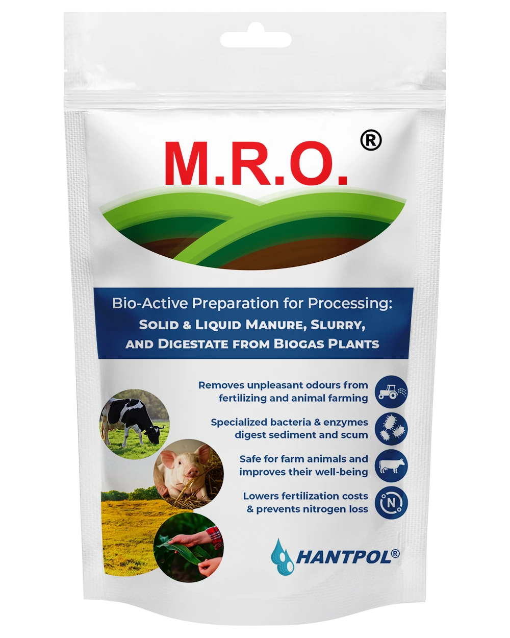 Doypack of M.R.O.: Bio-Active Preparation for Processing: Solid & Liquid Manure, Slurry, and Digestate from Biogas Plants.